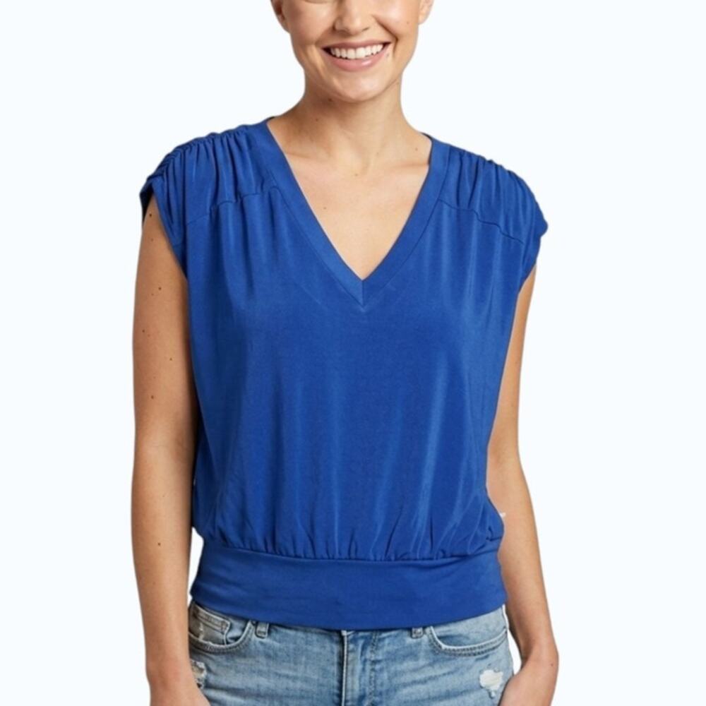 Violets & Roses Ruched Cap Sleeve Top Blue Banded Waist Women XL NWT